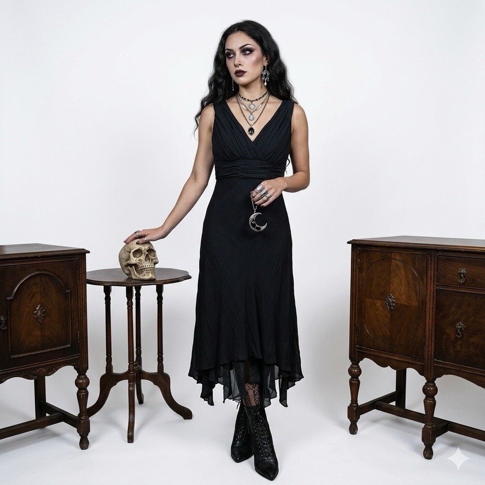 Donna Morgan Dress 4 Black Silk‎ Babydoll Asym Formal Dark Fary Whimsigoth Y2K